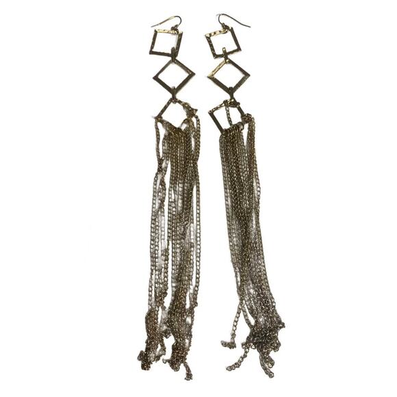 Funky long Goldtone geometric chain duster earrings Vintage 90s/Y2k - Picture 5 of 5